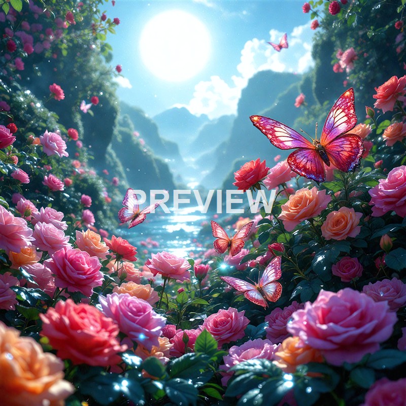 A vibrant scene of pink and peach roses blooming along a river with butterflies fluttering around under a bright sun in a lush, mountainous landscape.